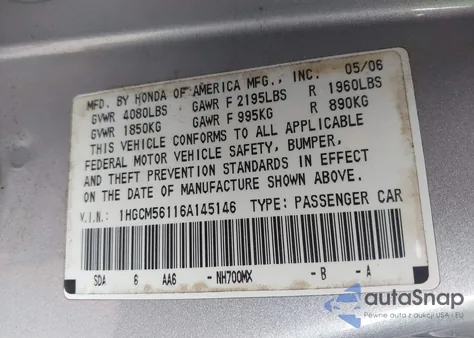 2006 Honda Accord Value из США, поврежденный, VIN 1HGCM56116A145146